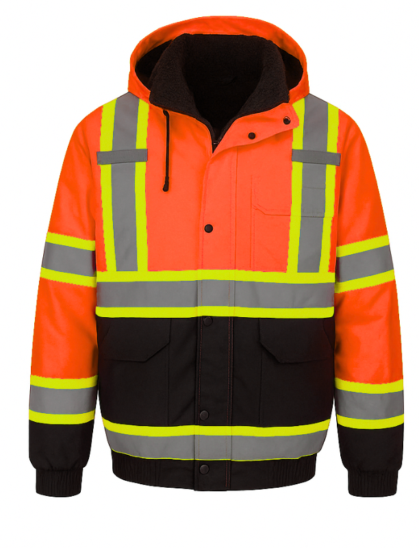 High-visibility safety jacket with reflective stripes on a white background