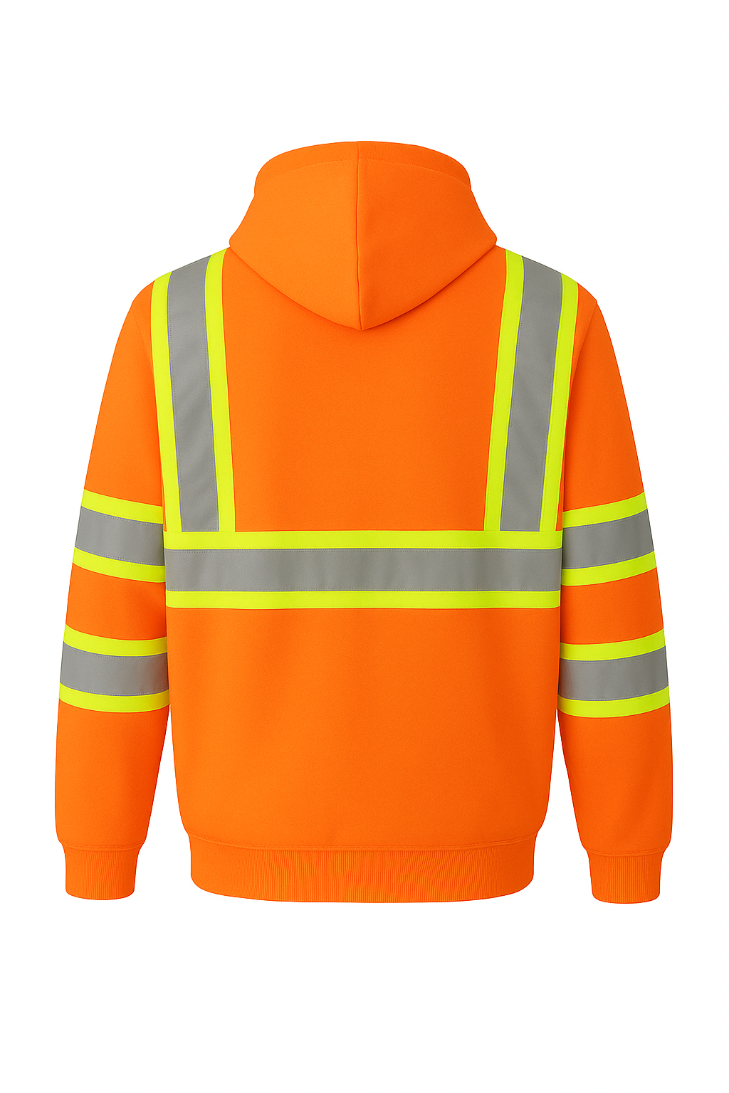 Orange hoodie with reflective stripes on a white background