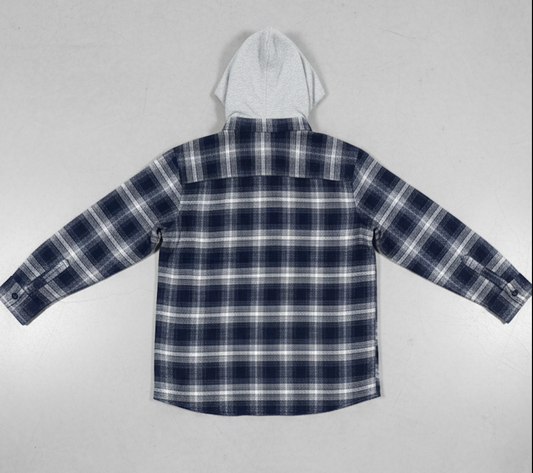 back of navy blue padded Plaid flannel shirt with a hood on a light gray background