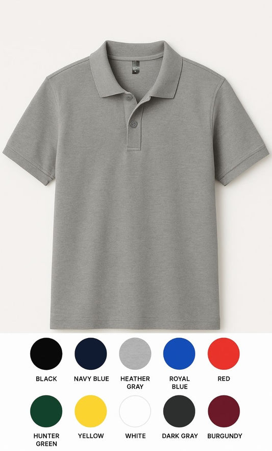 Gray polo shirt with color swatches below on a white background