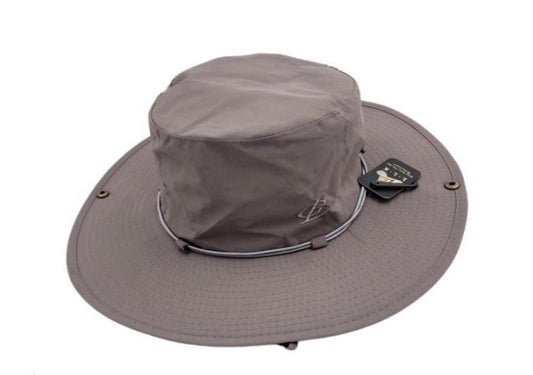 Gray wide-brimmed hat with mesh design on a white background