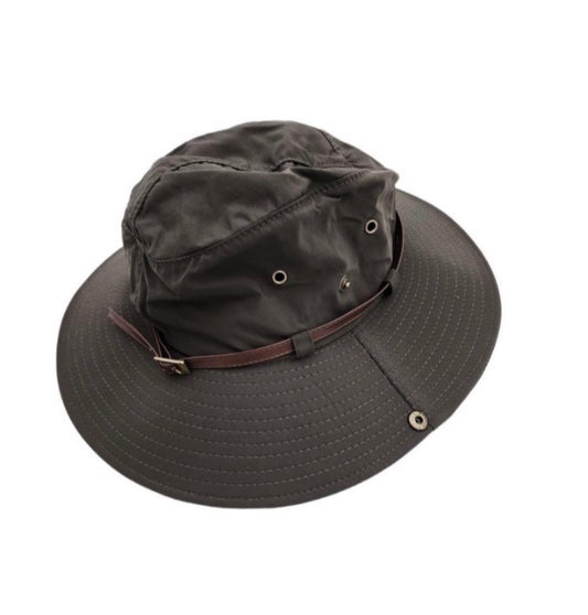 Brown wide-brimmed hat with a leather strap on a white background