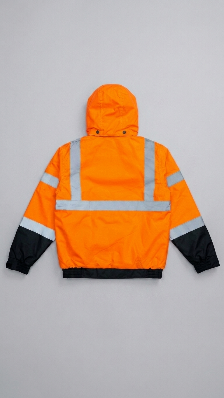Orange safety jacket with reflective stripes on a gray background