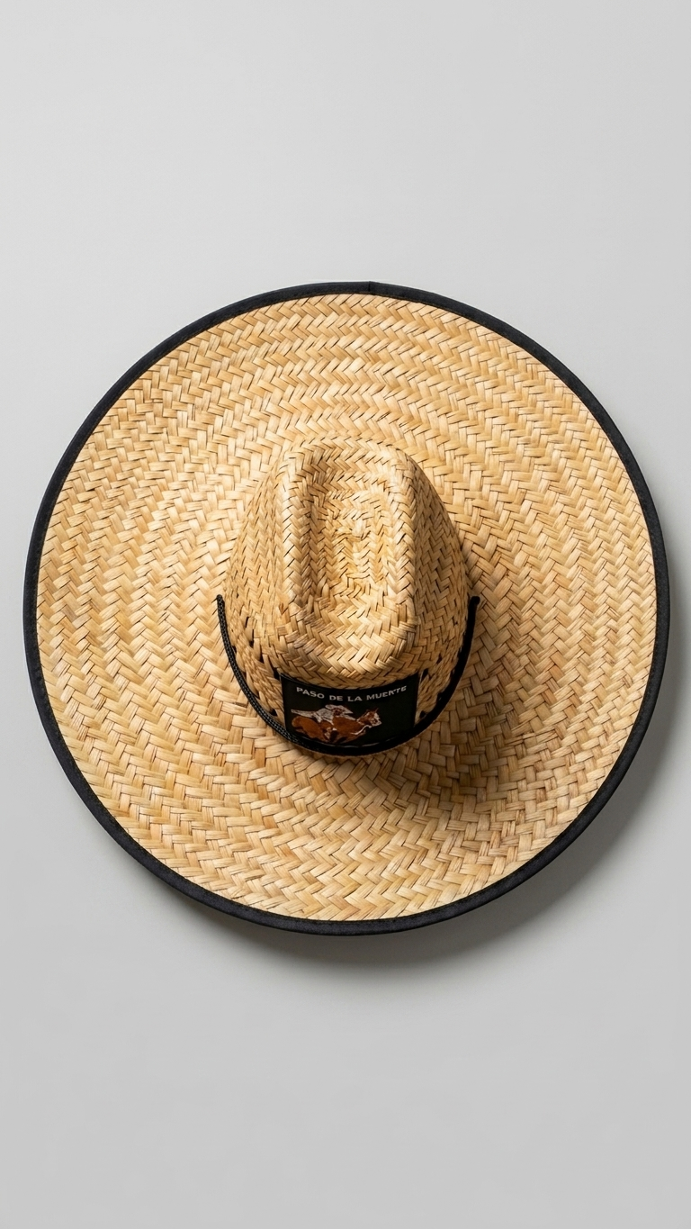 A natural straw cowboy hat with a black brim and a small black label on the crown, photographed from a top-down angle on a neutral gray background.