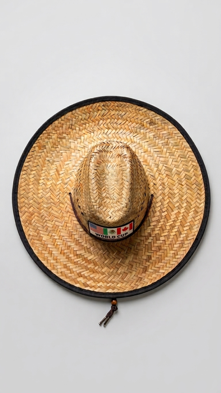 A natural straw cowboy hat with a black brim and a small Mexican flag sticker on the crown, displayed flat against a light gray background.