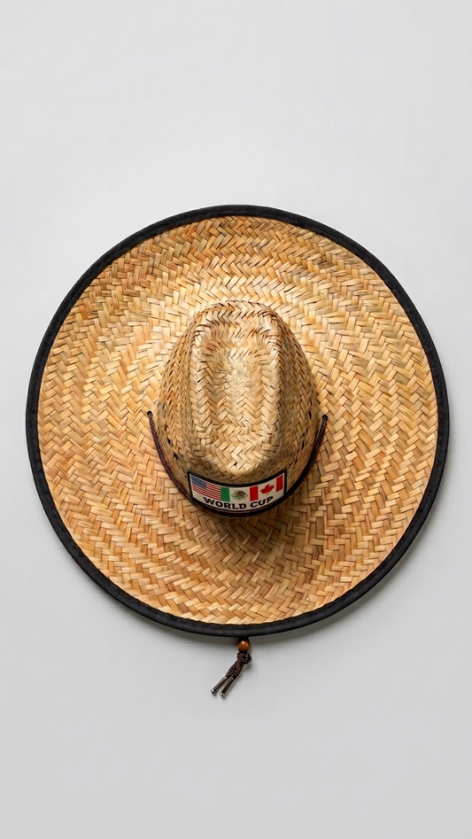 A natural straw cowboy hat with a black brim and a small Mexican flag sticker on the crown, displayed flat against a light gray background.