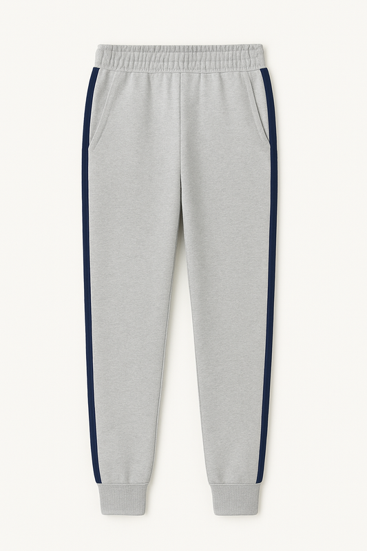 Gray sweatpants with navy stripes on a white background