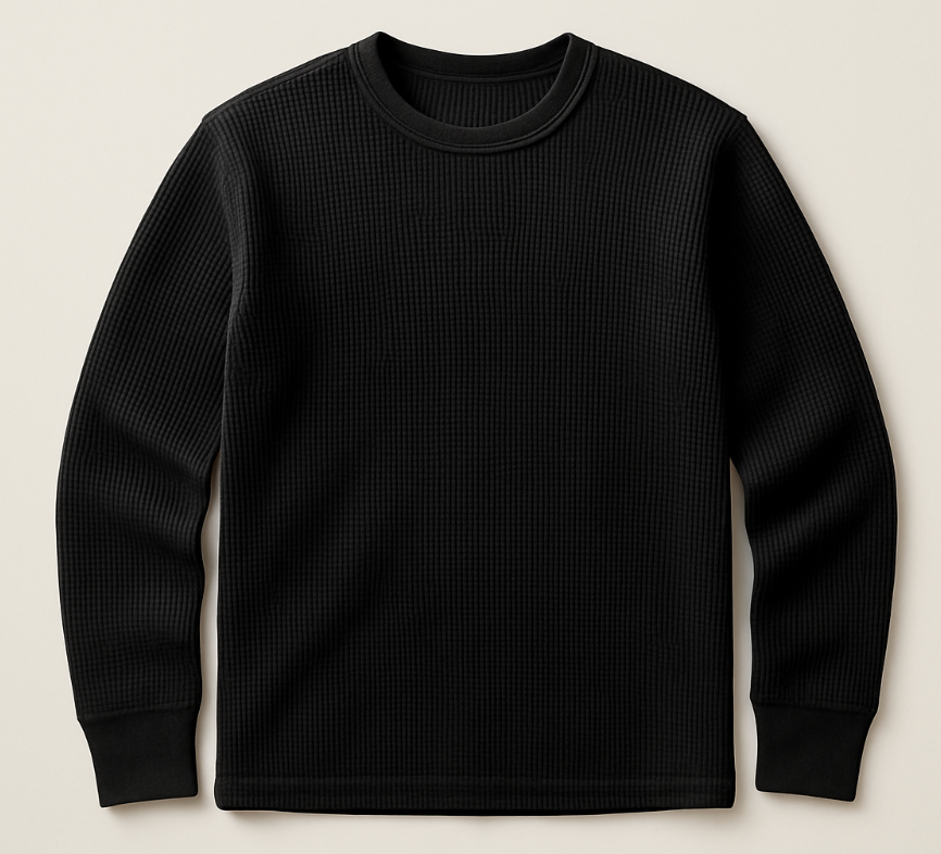 Black long-sleeve shirt on a beige background
