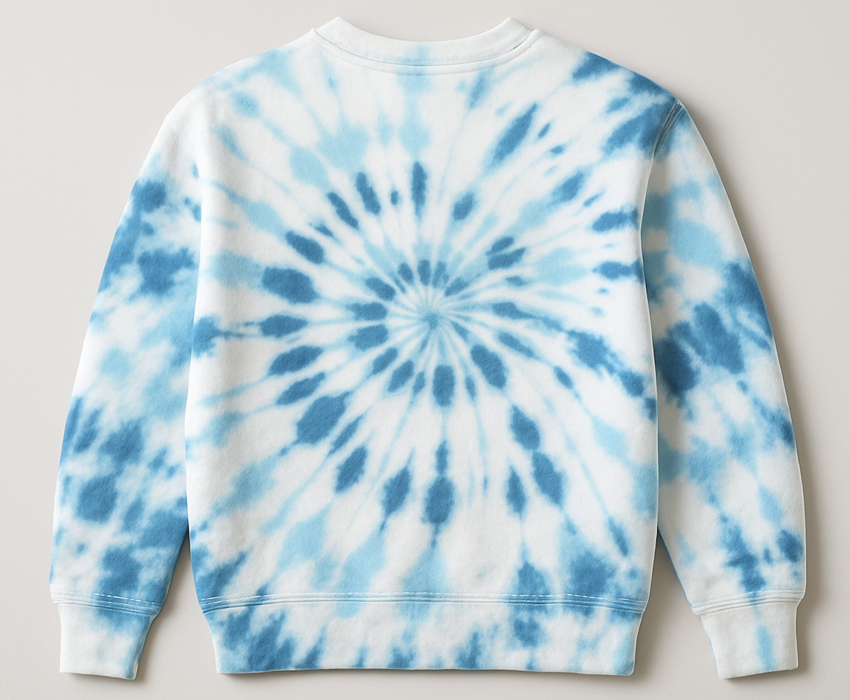 Tie-dye sweatshirt with blue and white spiral pattern on a plain background