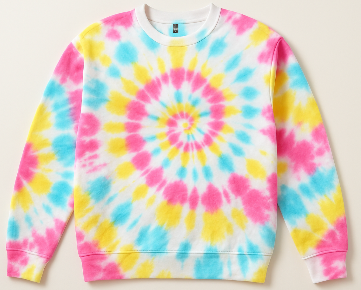 Colorful tie-dye sweatshirt with a spiral pattern on a light background