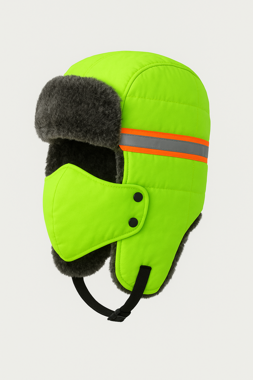 Green winter hat with gray fur trim and reflective strip on a light gray background