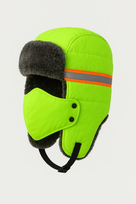 Green winter hat with gray fur trim and reflective strip on a light gray background
