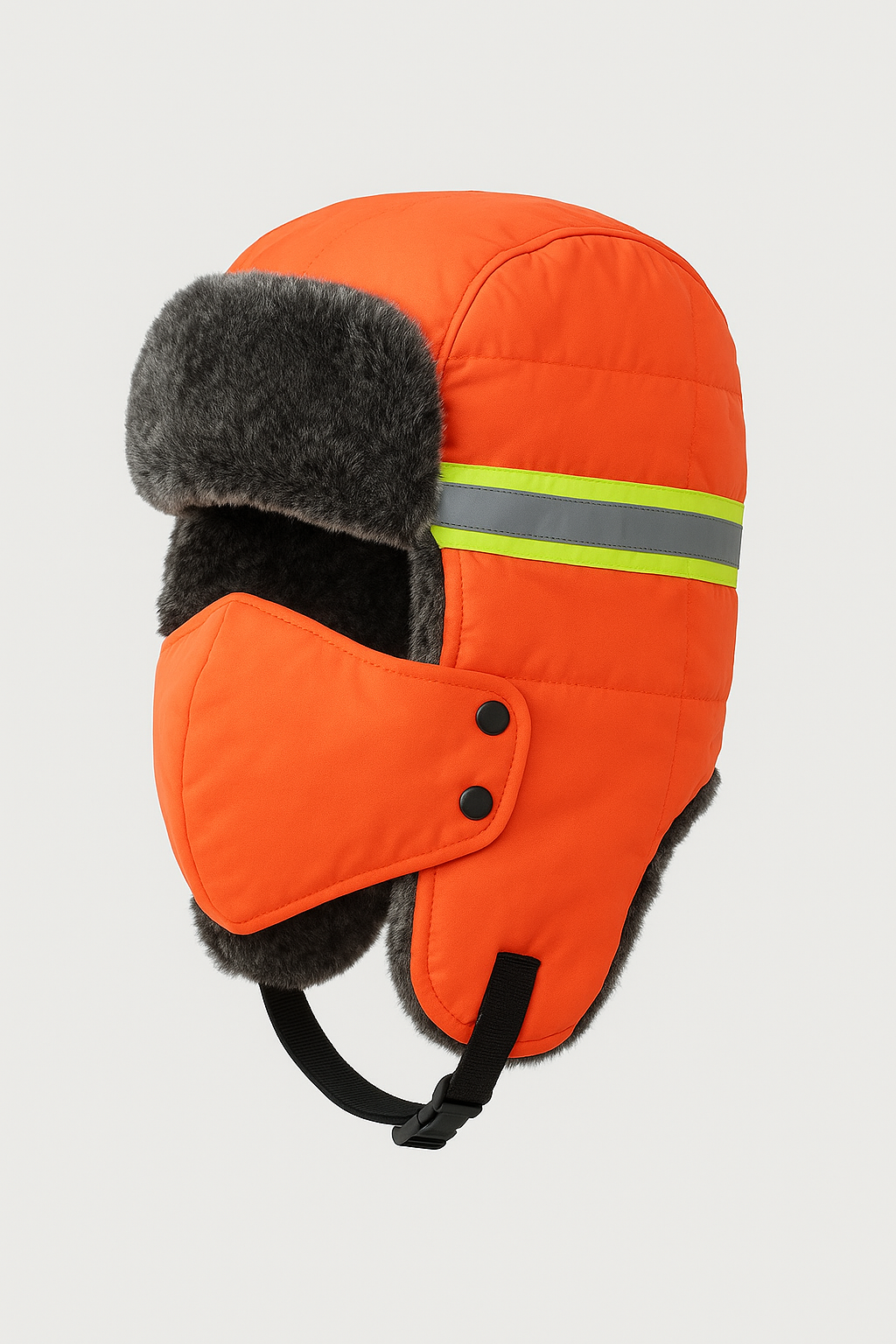 Orange winter hat with gray fur trim and reflective strip on a light gray background