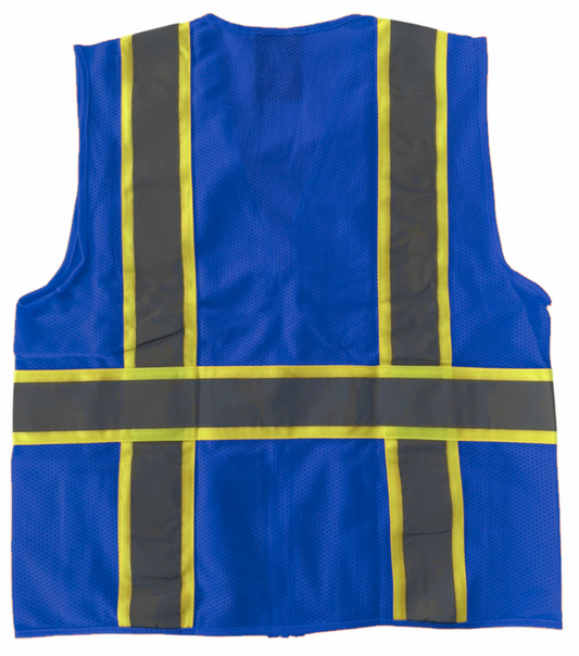 Blue safety vest with reflective stripes on a white background