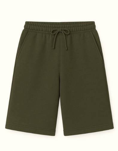 Green shorts with a drawstring on a white background
