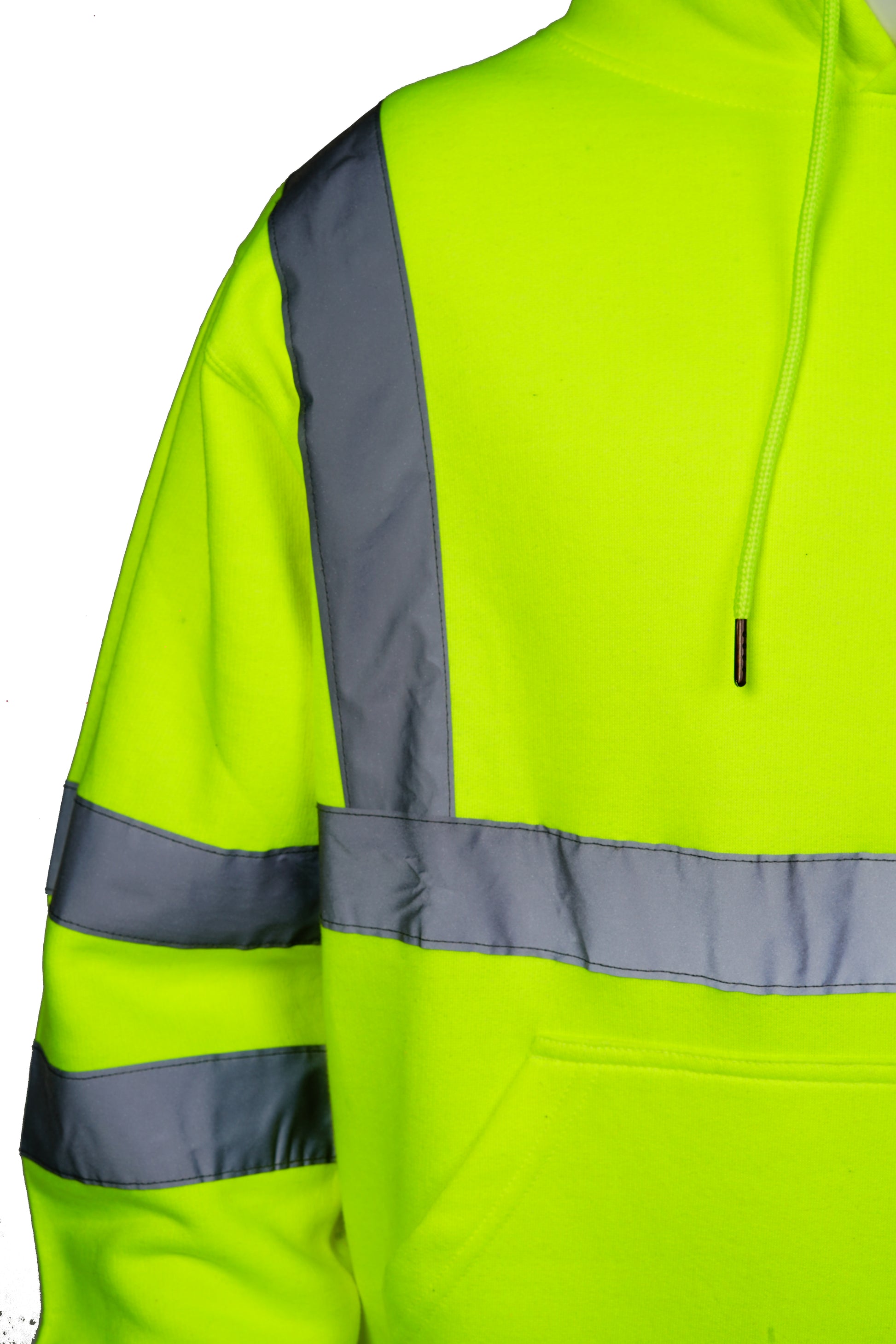 green hi vis hoodie with reflector stripes on arms and chest