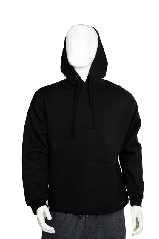A black fleece pullover hoodie with a hood, long sleeves, and a pouch pocket, displayed on a mannequin.