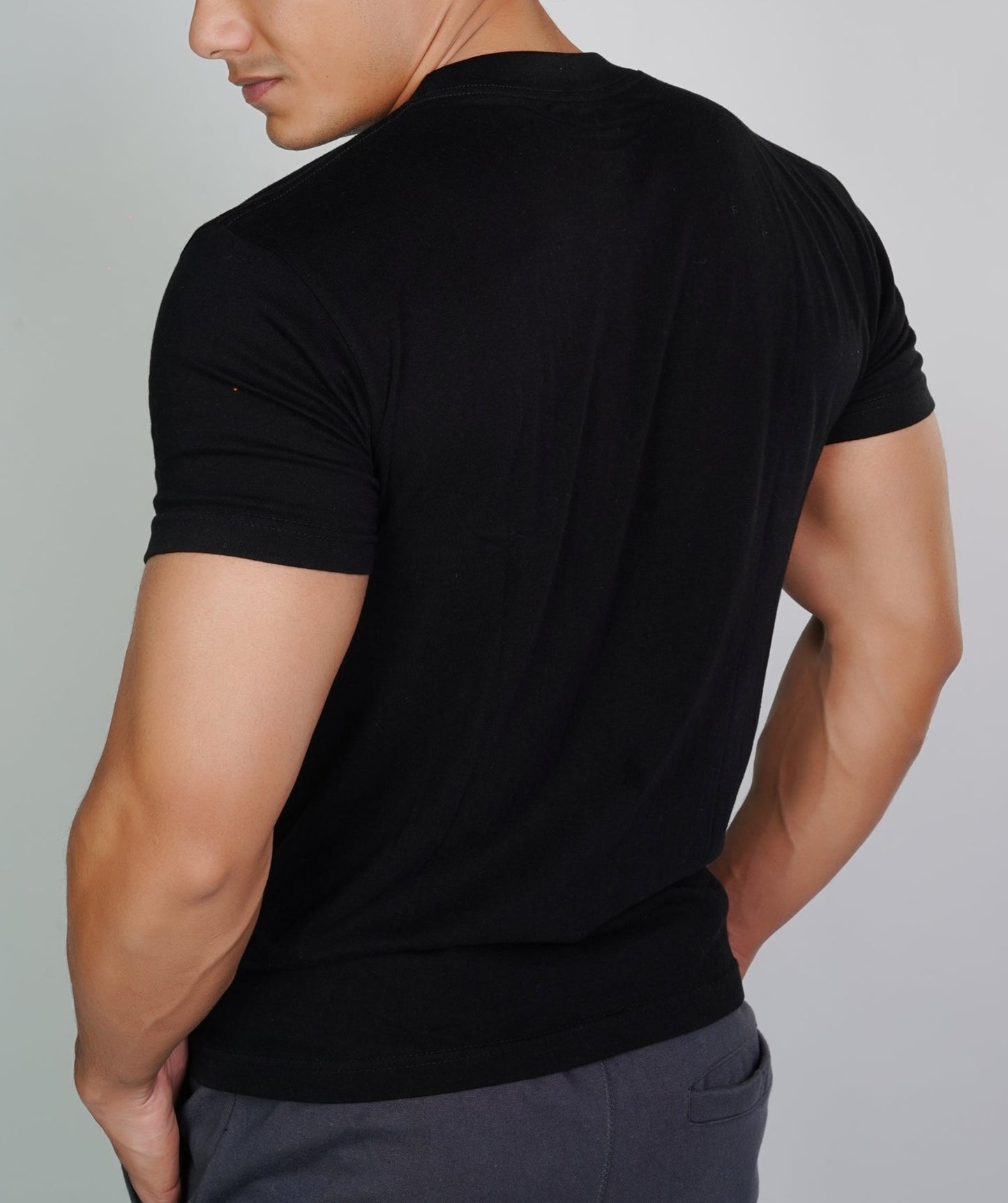 back side of black colored t-shirt