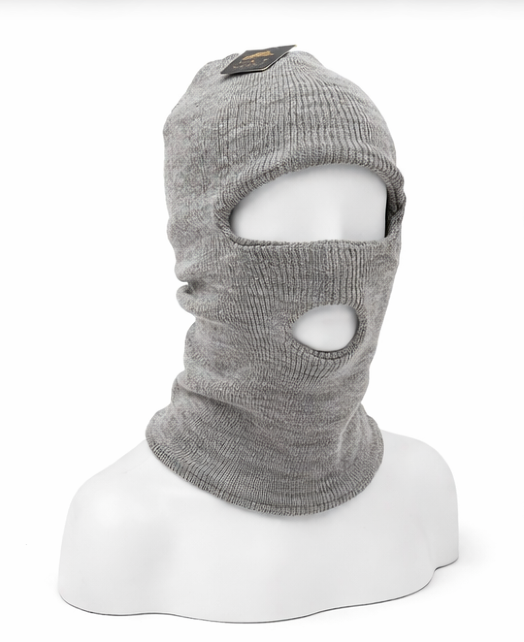 Gray balaclava on a mannequin head against a white background