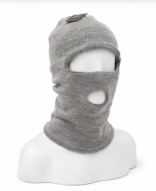 Gray balaclava on a mannequin head against a white background