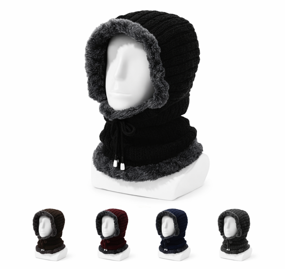 Black knitted hood with gray fur trim on a mannequin head, with smaller mannequin heads displaying different color options below.