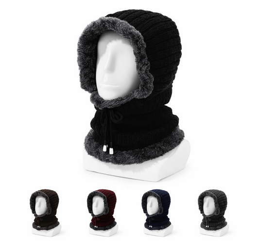 Black knitted hood with gray fur trim on a mannequin head, with smaller mannequin heads displaying different color options below.