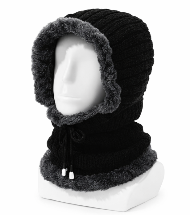 Black knitted hood with gray fur trim on a mannequin head against a white background