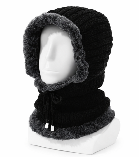 Black knitted hood with gray fur trim on a mannequin head against a white background