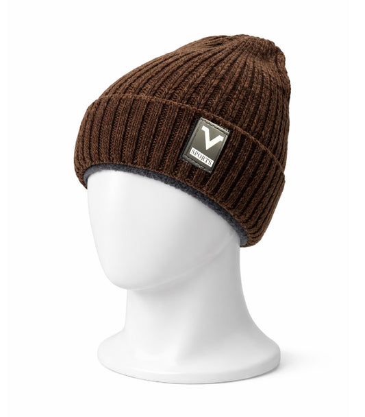Brown beanie with a logo on a white mannequin head against a white background