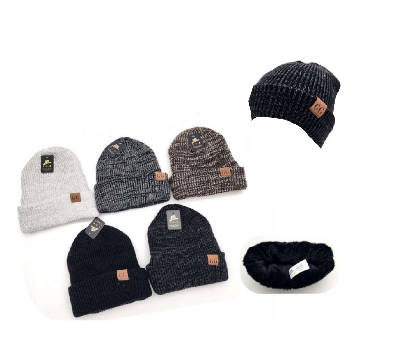 Collection of beanies and a scrunchie on a white background