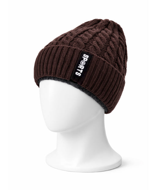 Brown knit beanie with a brand label on a white mannequin head