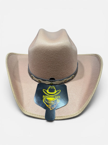 Beige cowboy hat with a brand tag on a white background