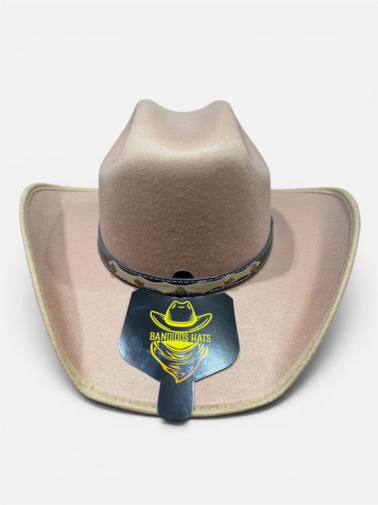 Beige cowboy hat with a brand tag on a white background