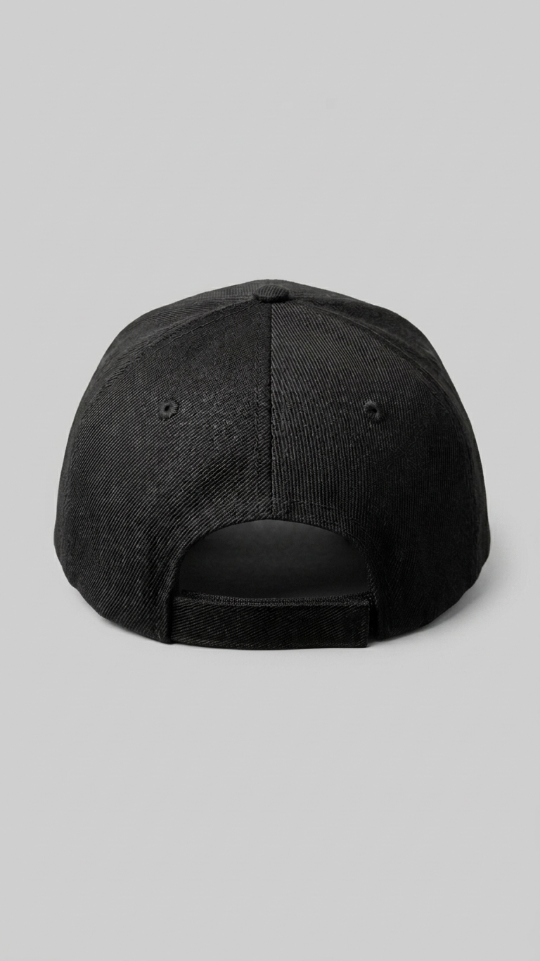 Black baseball cap on a light gray background
