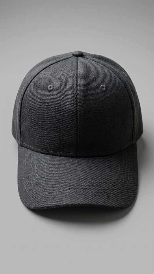 Black baseball cap on a light gray background