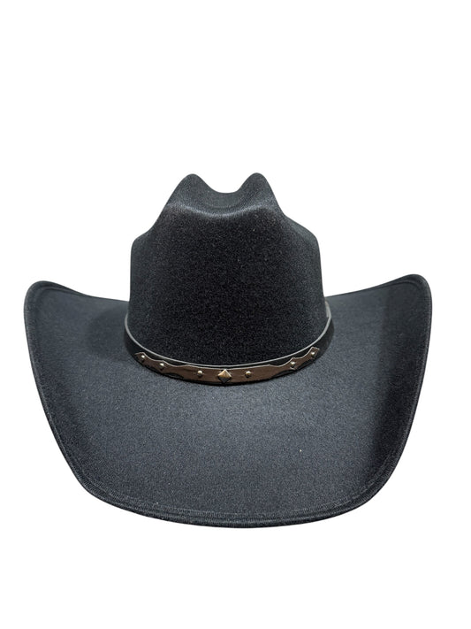 Black cowboy hat with a band on a white background