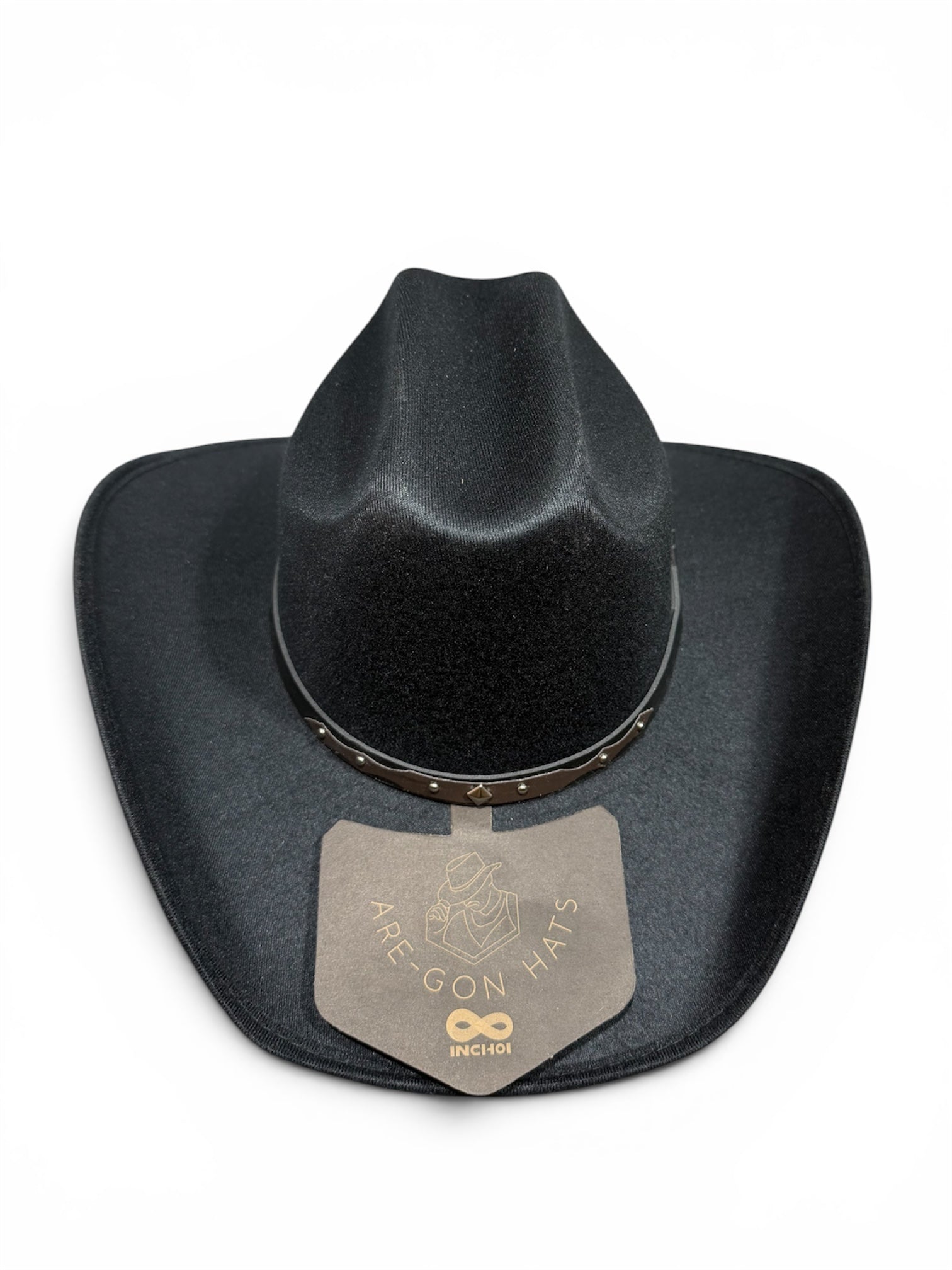 Black cowboy hat on a white background with a visible brand logo.