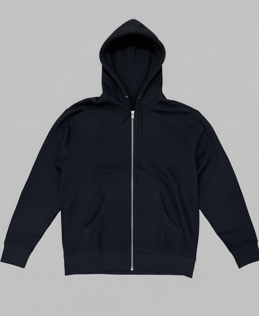 blank Black hoodie with a zipper on a gray background