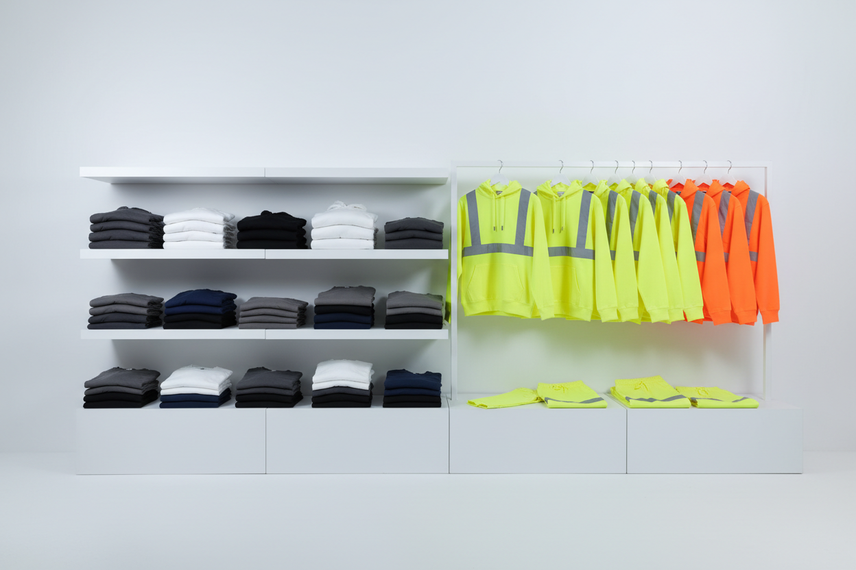 Shelves with wholesale blank apparel and bulk safety reflective hoodies in a well-lit room.