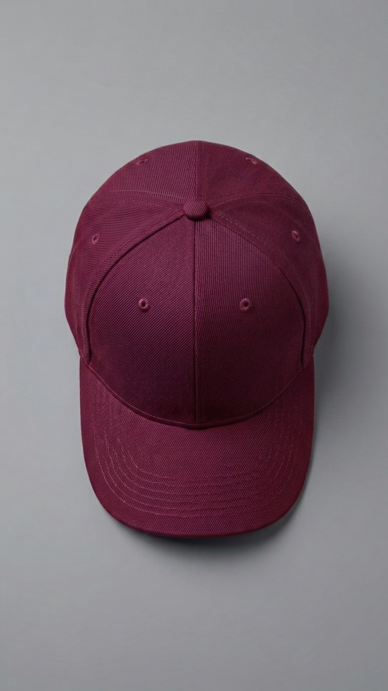 top of Maroon baseball cap on a gray background