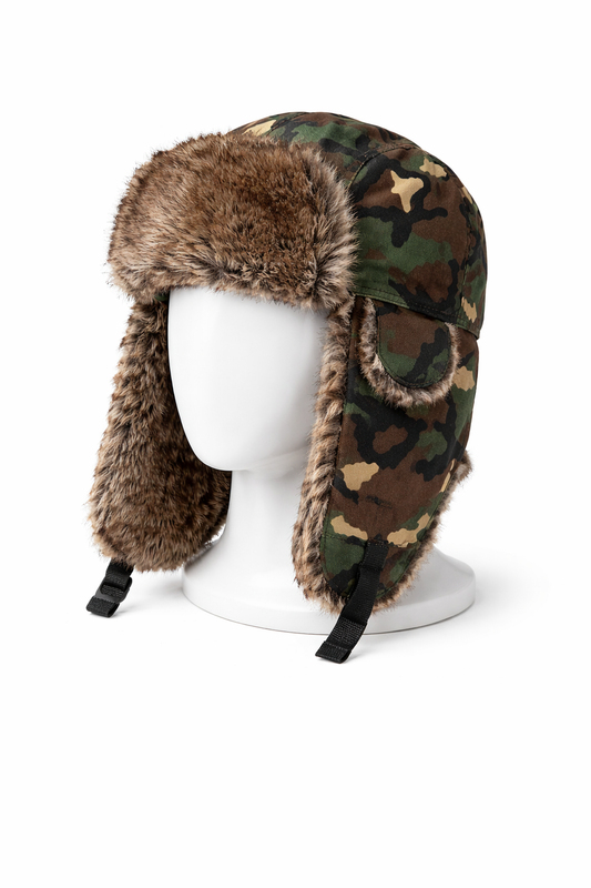 Camouflage trapper hat with fur trim on a white mannequin head