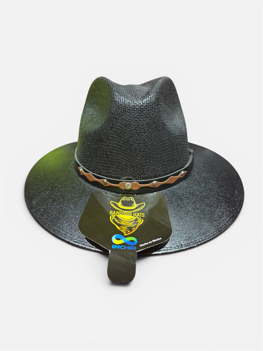 Black straw hat with decorative band on a white background