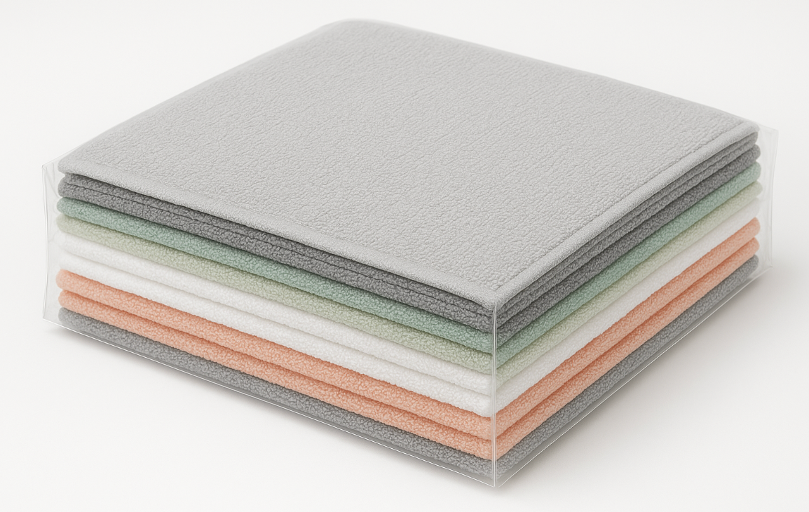 Stack of gray and multicolored face towels on a white background