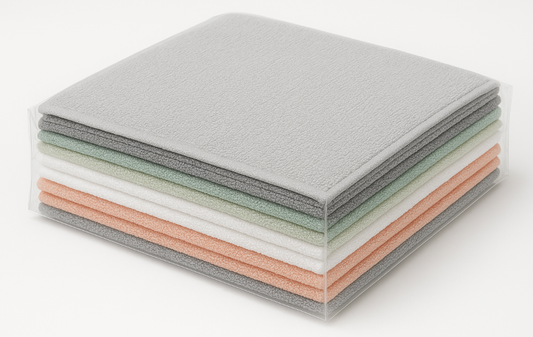 Stack of gray and multicolored face towels on a white background