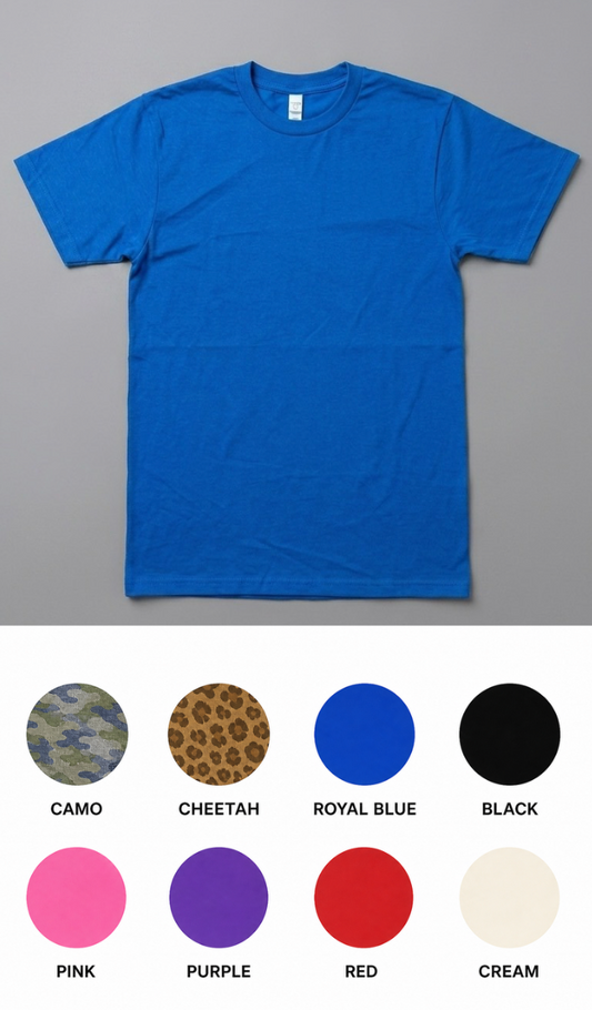 Blue t-shirt on a gray background with color swatches below.