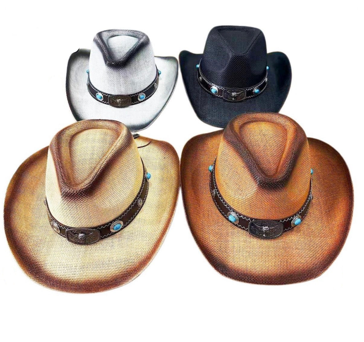 Four cowboy hats shown from the front on a plain white background: one white hat, one black hat, one tan hat, and one brown hat. Each hat has a dark decorative band with small light blue stones.