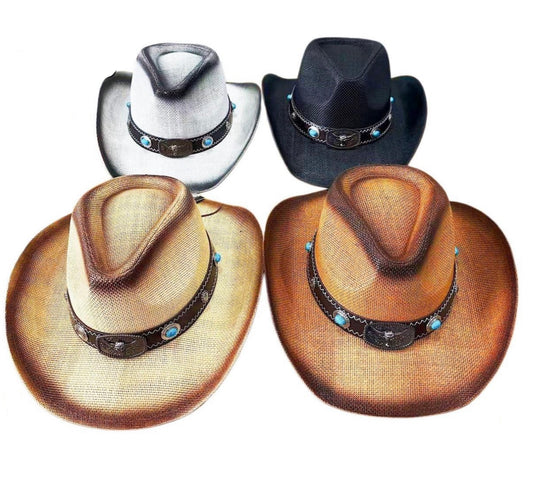 Four cowboy hats shown from the front on a plain white background: one white hat, one black hat, one tan hat, and one brown hat. Each hat has a dark decorative band with small light blue stones.