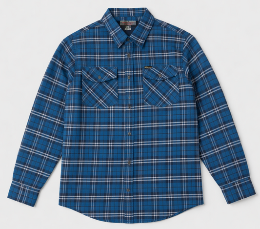 wholesale Blue plaid flannel shirt on a light gray background