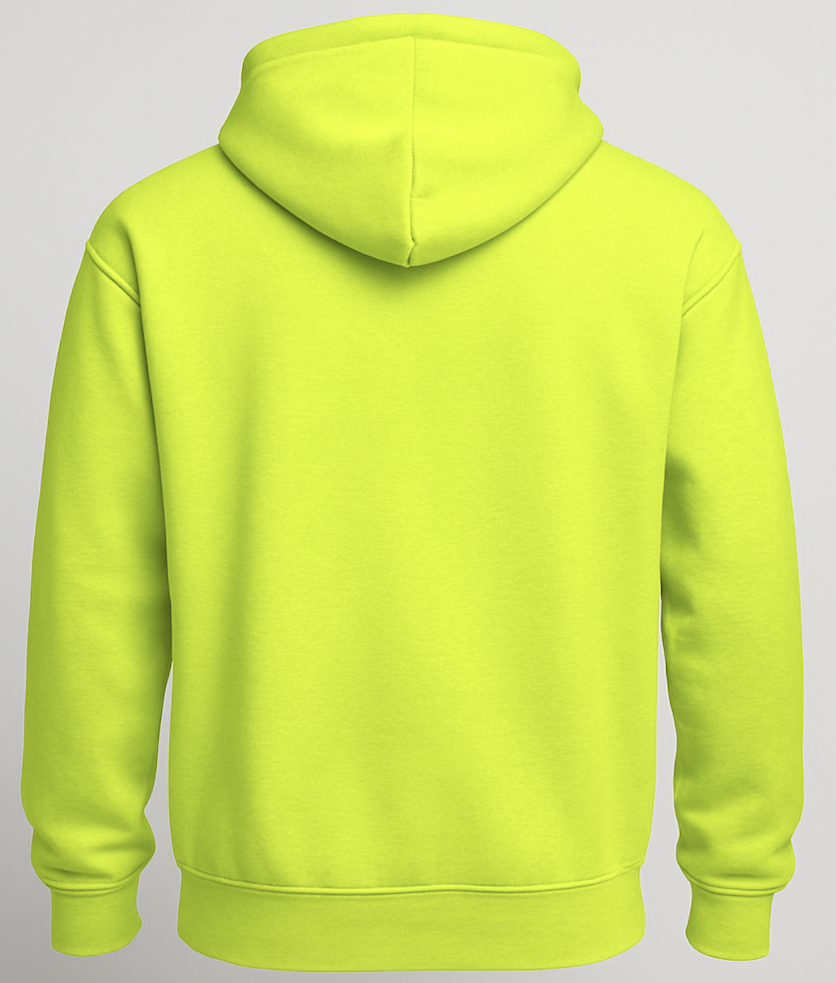Back view of a bright yellow hoodie on a gray background