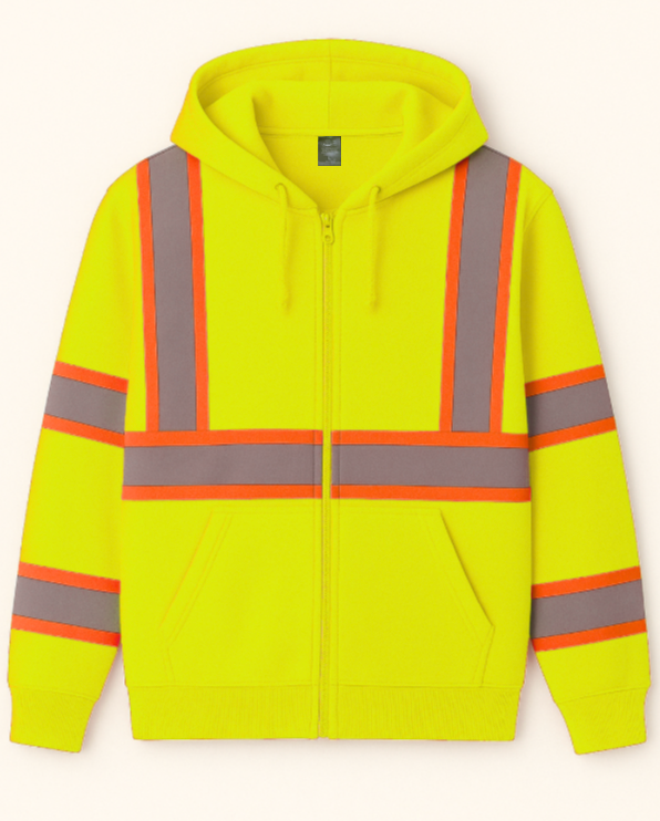 High-visibility yellow hoodie with reflective stripes on a white background